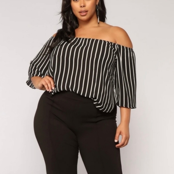 Off the shoulder black and white striped top - Picture 2 of 5